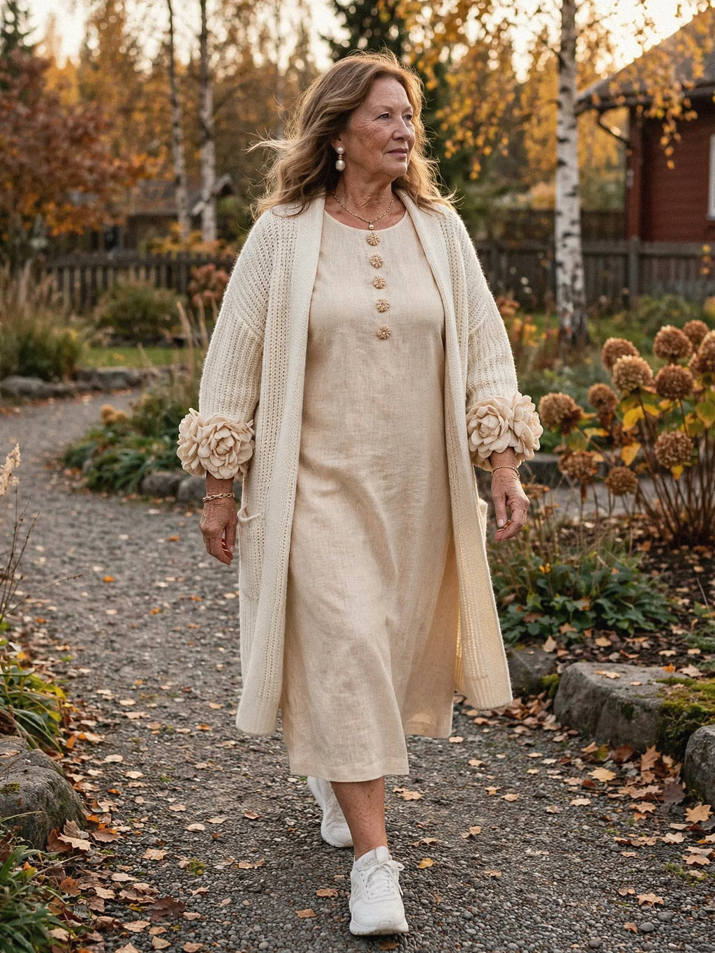 Midimekko kukkamansetein beige – Bonvayana